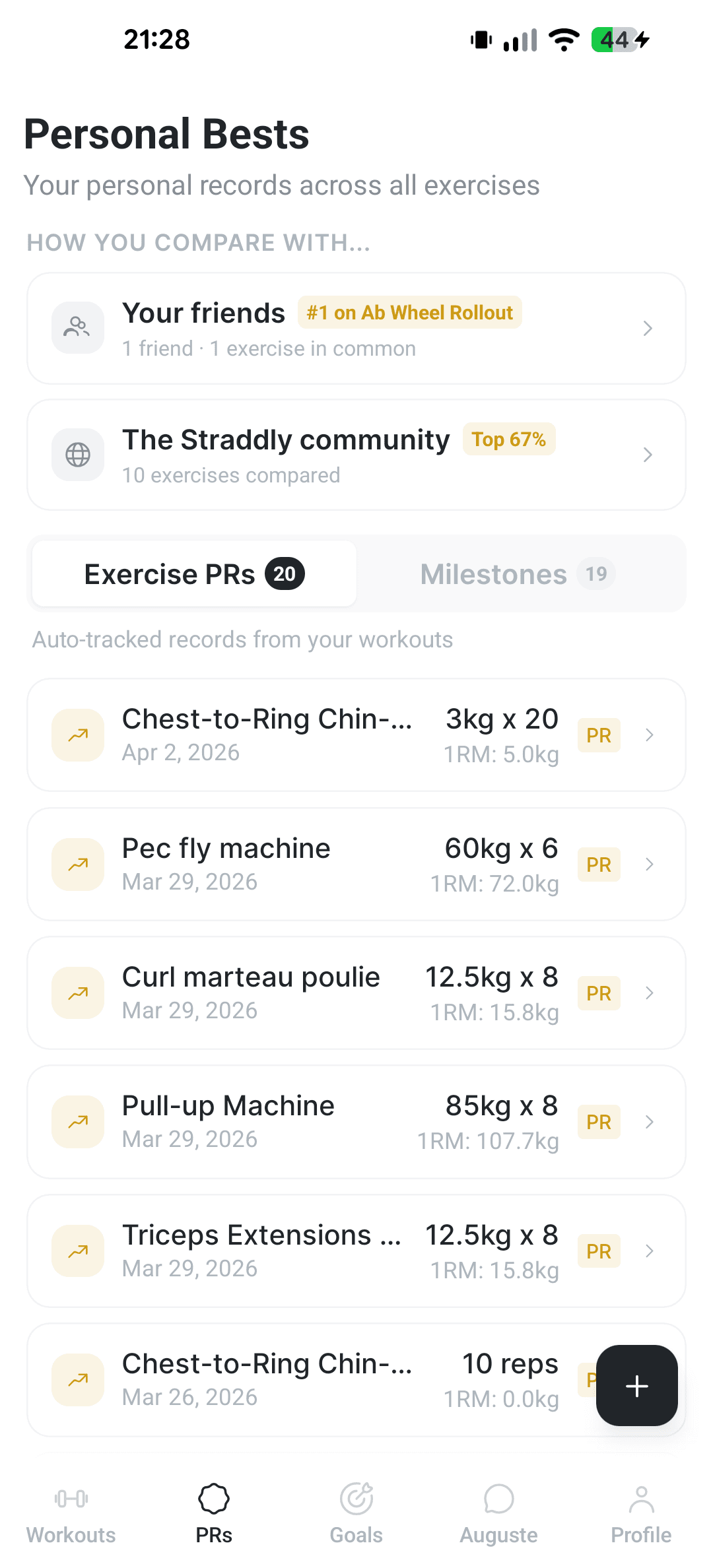 A list of personal records with estimated one-rep maxes